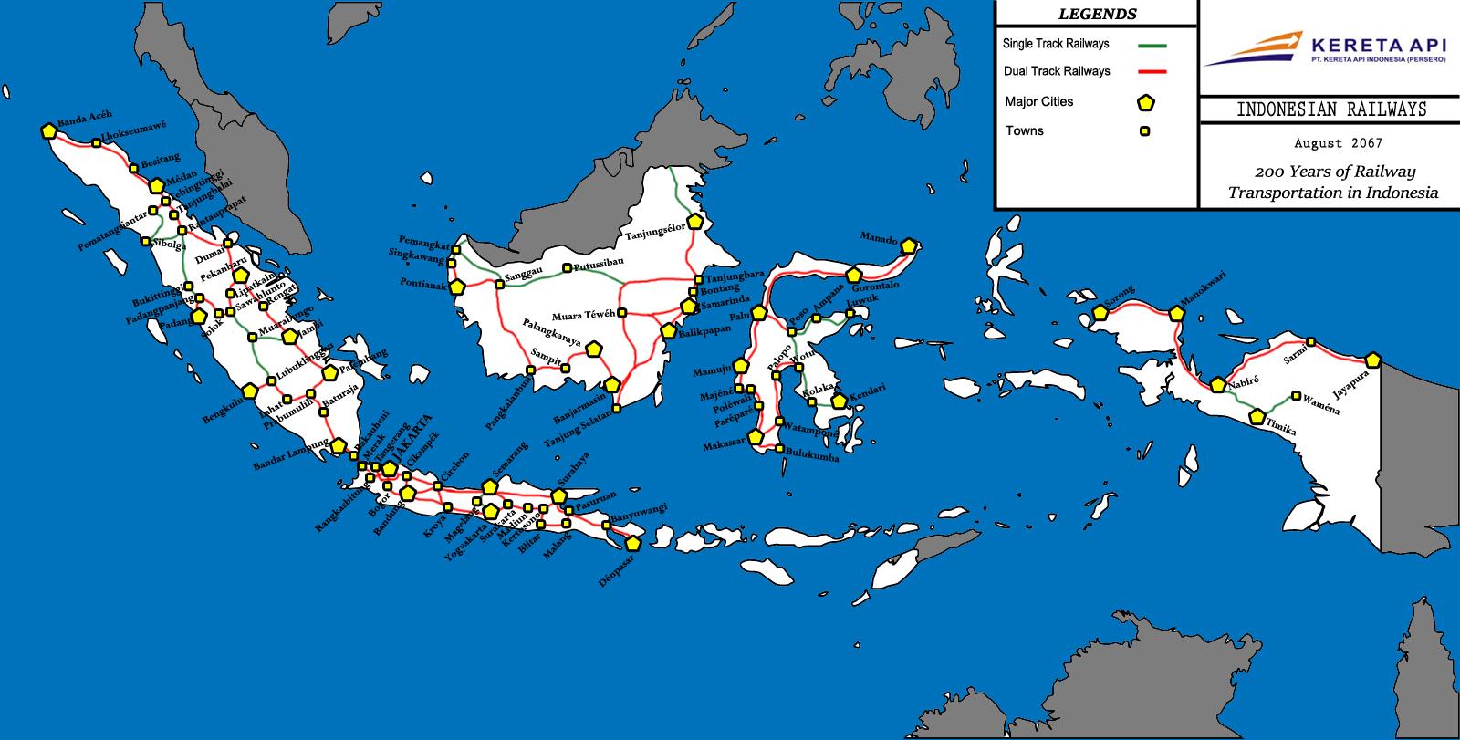 Karte der Züge in Indonesien: Eisenbahnlinien und